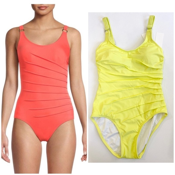 Calvin Klein ruched side one piece swimsuit in neon yellow - Picture 1 of 4